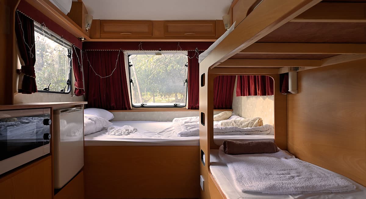 Camper interior with cabinets and equipment