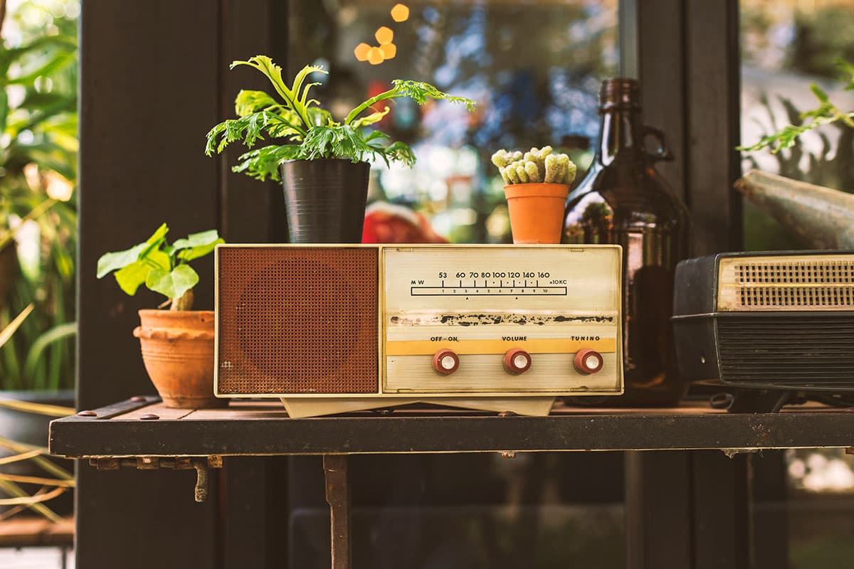 Vintage radio receiver on a shelf