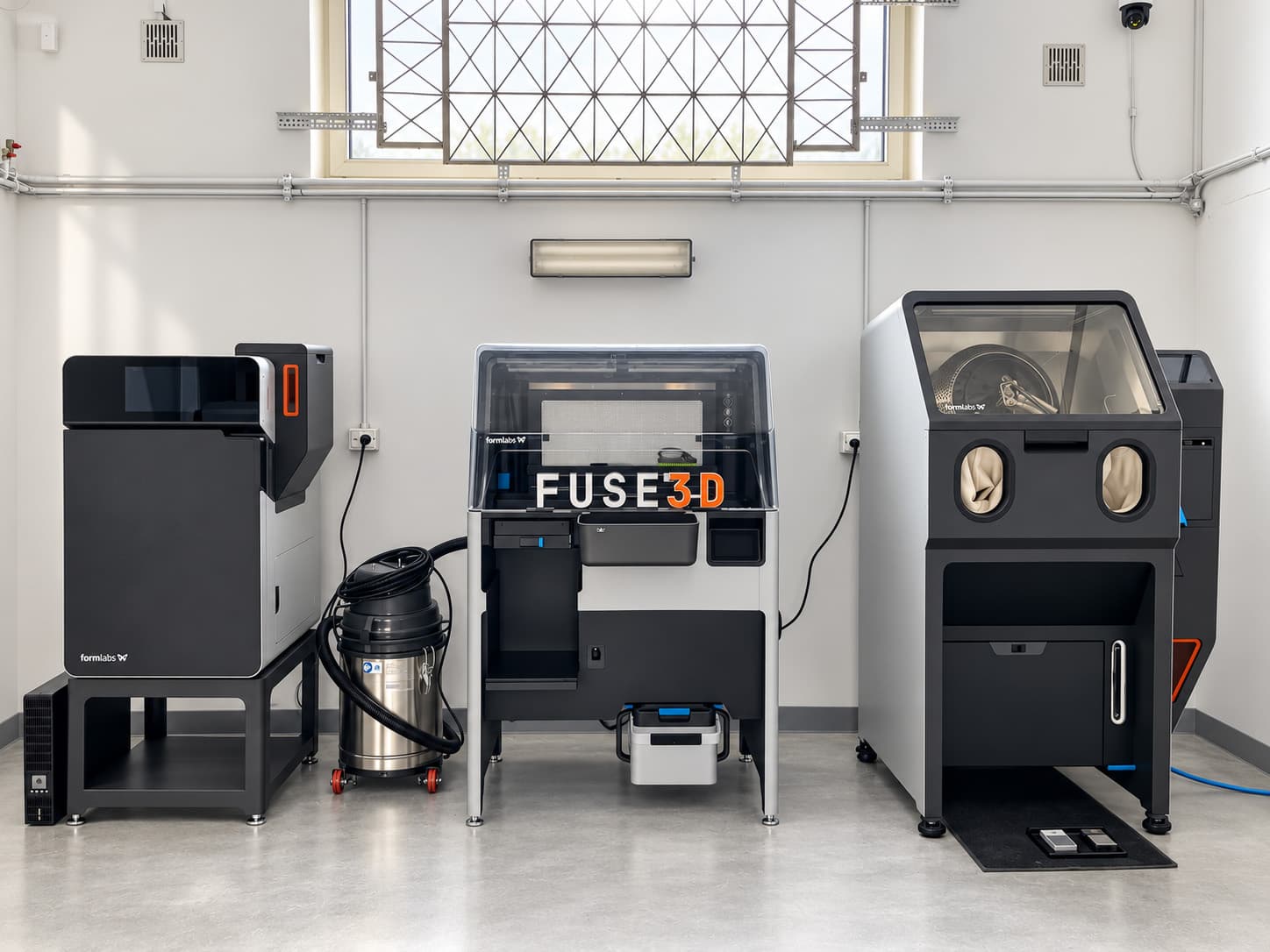 The SLS workstation at fuse3d: a Fuse printer, Fuse Sift and Fuse Blast.