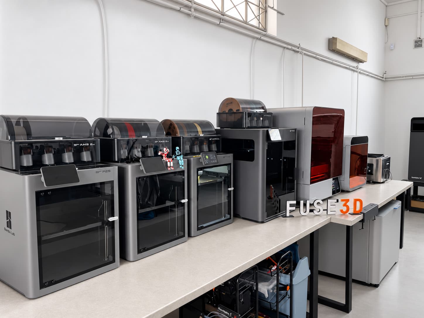 The fuse3d workbench with Bambu Lab printers and Formlabs SLA equipment.