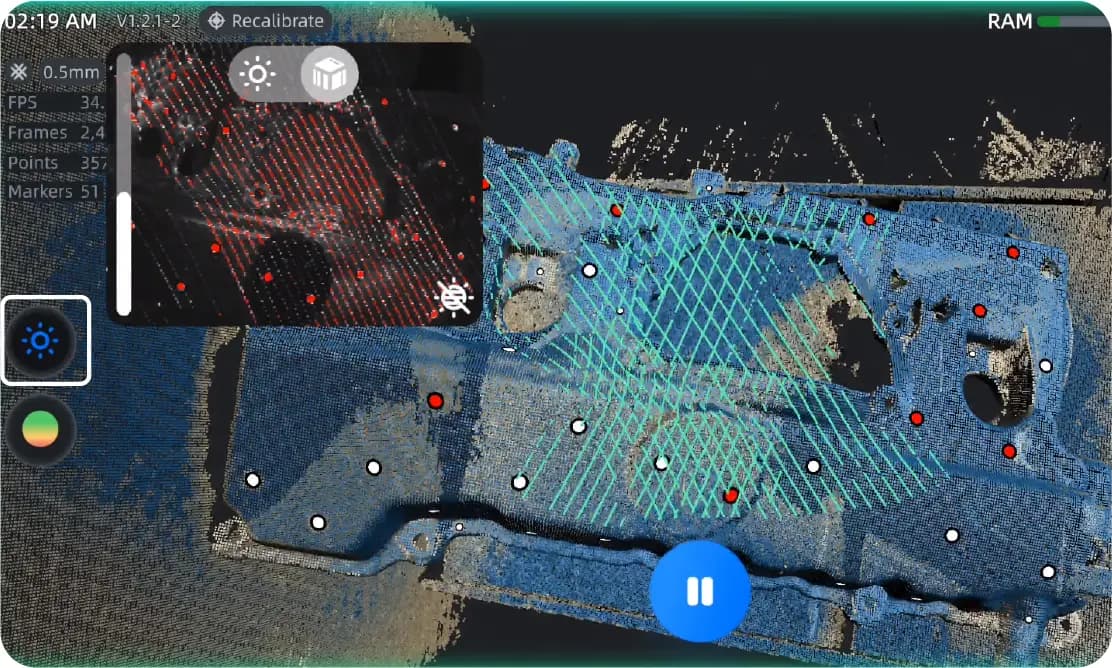 Scanner screen in operation: housing as a point cloud, with laser line grid and white markers on it